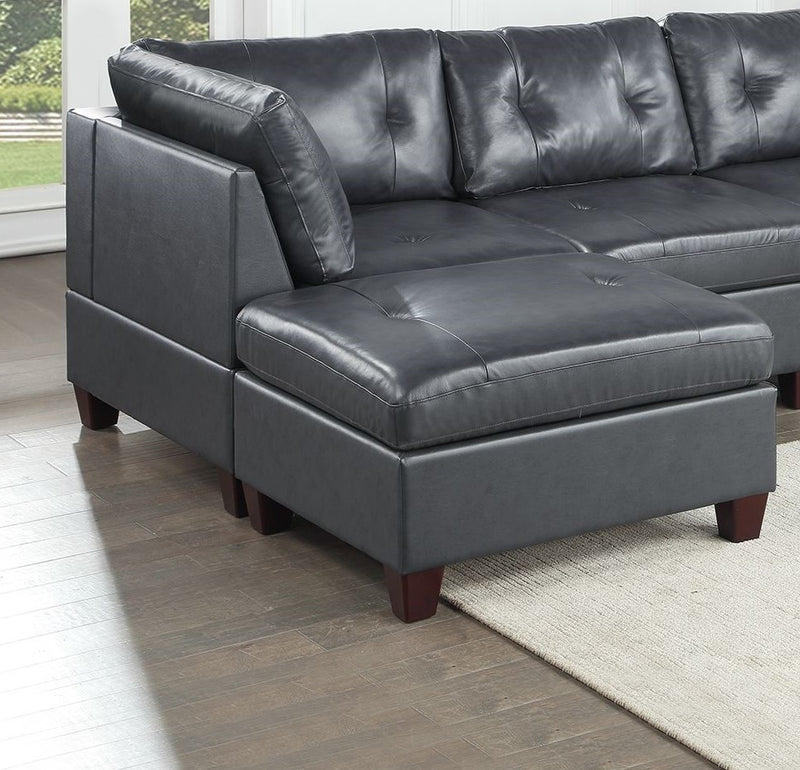 Genuine Leather Black Tufted 6pc Sectional Set 2x Corner Wedge 2x Armless Chair 2x Ottomans Living Room Furniture Sofa Couch