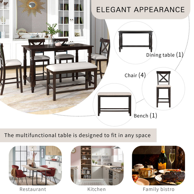6 Piece Counter Height Dining Table Set With Shelf, 4 Chairs And Bench