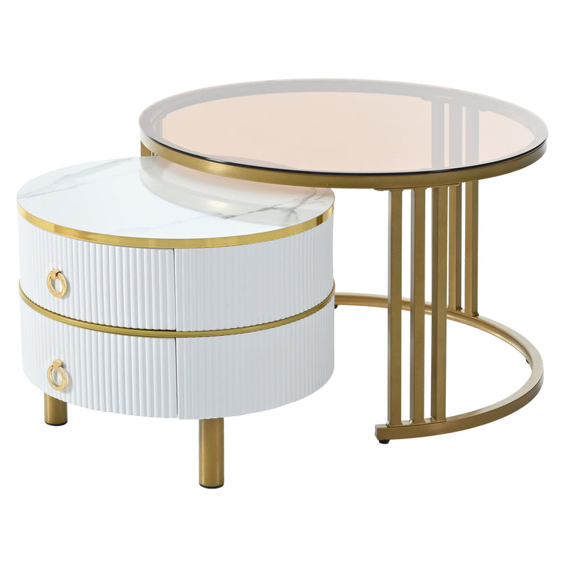 On Trend Stackable Coffee Table With 2 Drawers, Nesting Tables With Brown Tempered Glass And High Gloss Marble Tabletop, (Set of 2) Round Center Table For Living Room, White