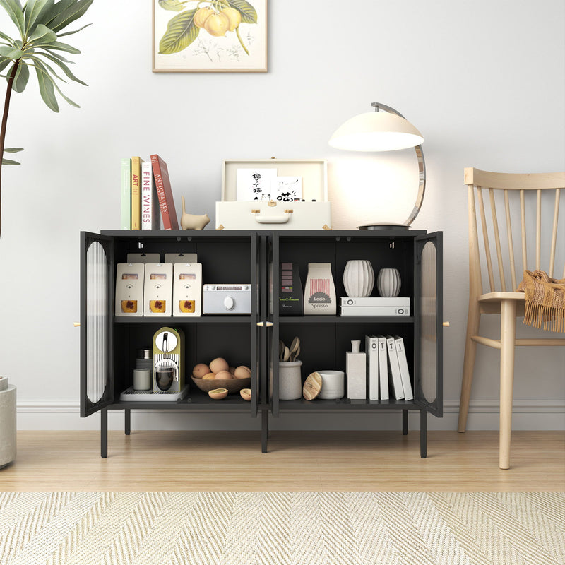 Modern Metal Sideboard Cabinet With 4 Glass Doors, Steel Kitchen Storage And Coffee Bar Cabinet - Black