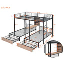 Full Over Twin & Twin Triple Bunk Bed with Drawers, Multi-functional Metal Frame Bed with desks and shelves in the middle, Black