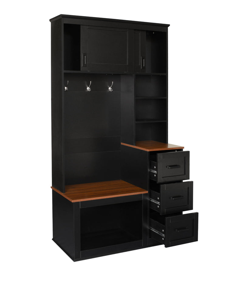 Modern Wide Hall Tree With Coat Rack, 3 Shelves And Drawers, 3 Sturdy Hooks