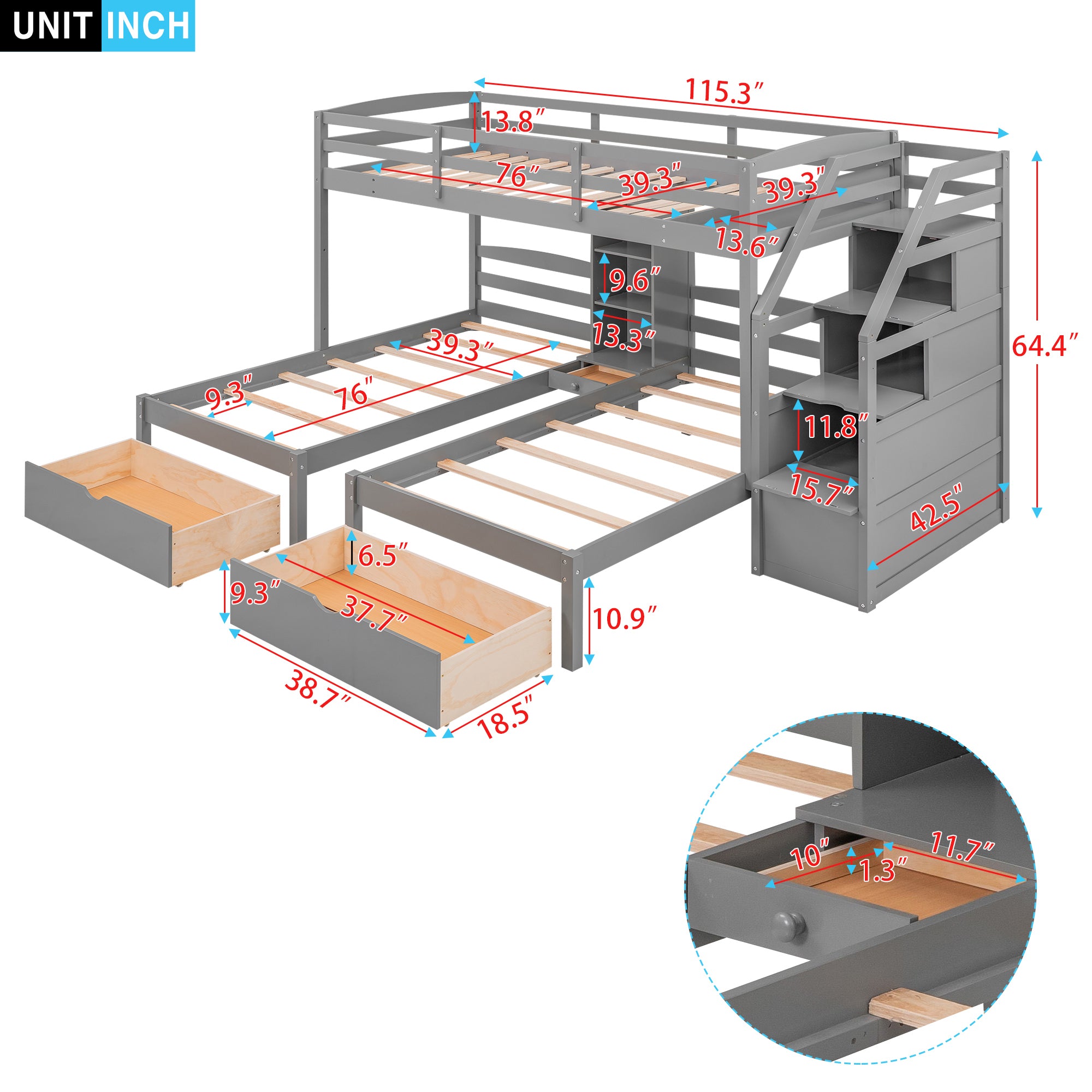 Twin over Twin&Twin Bunk Bed, Triple Bunk Bed with Drawers, Staircase with Storage, Built-in Shelves, Gray - Atlantic Fine Furniture Melbourne FL