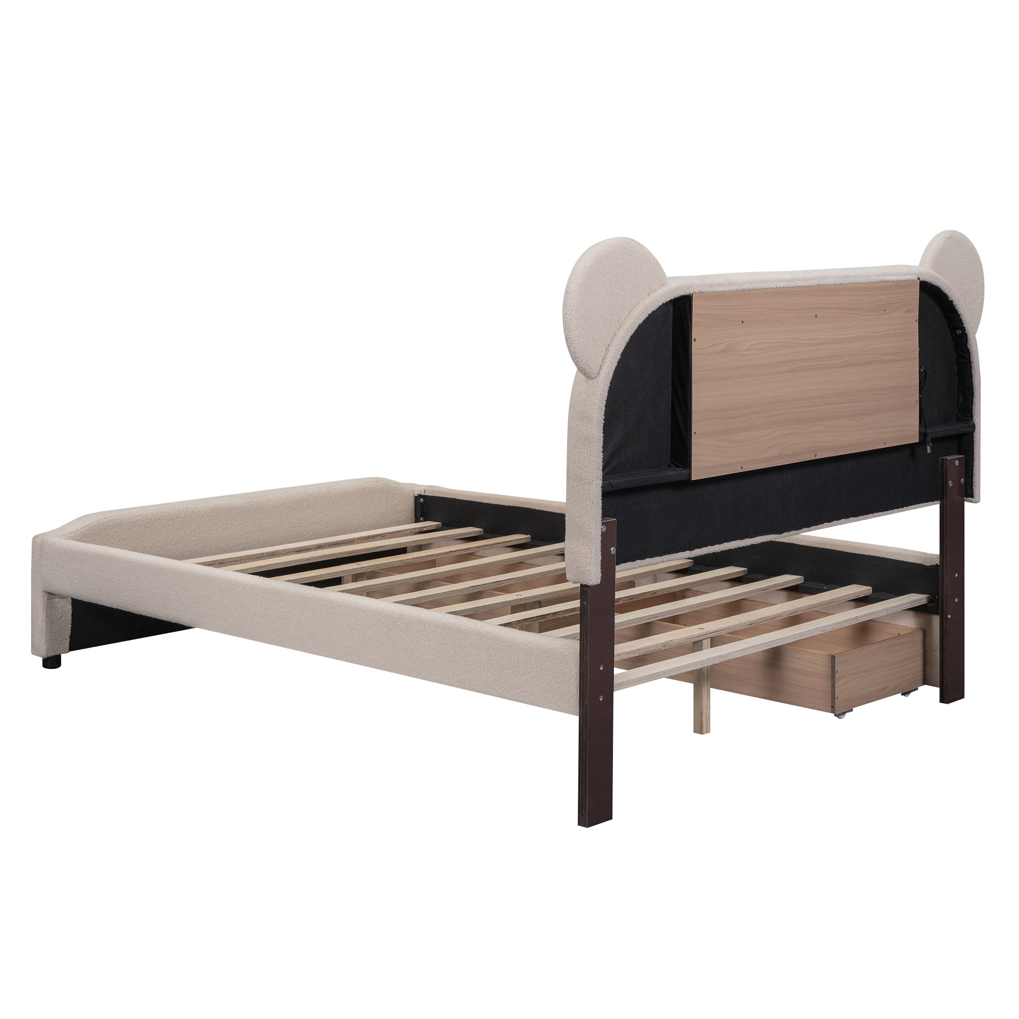 Full Size Upholstered Storage Platform Bed with Cartoon Ears Shaped Headboard, LED and USB, Beige - Atlantic Fine Furniture Melbourne FL