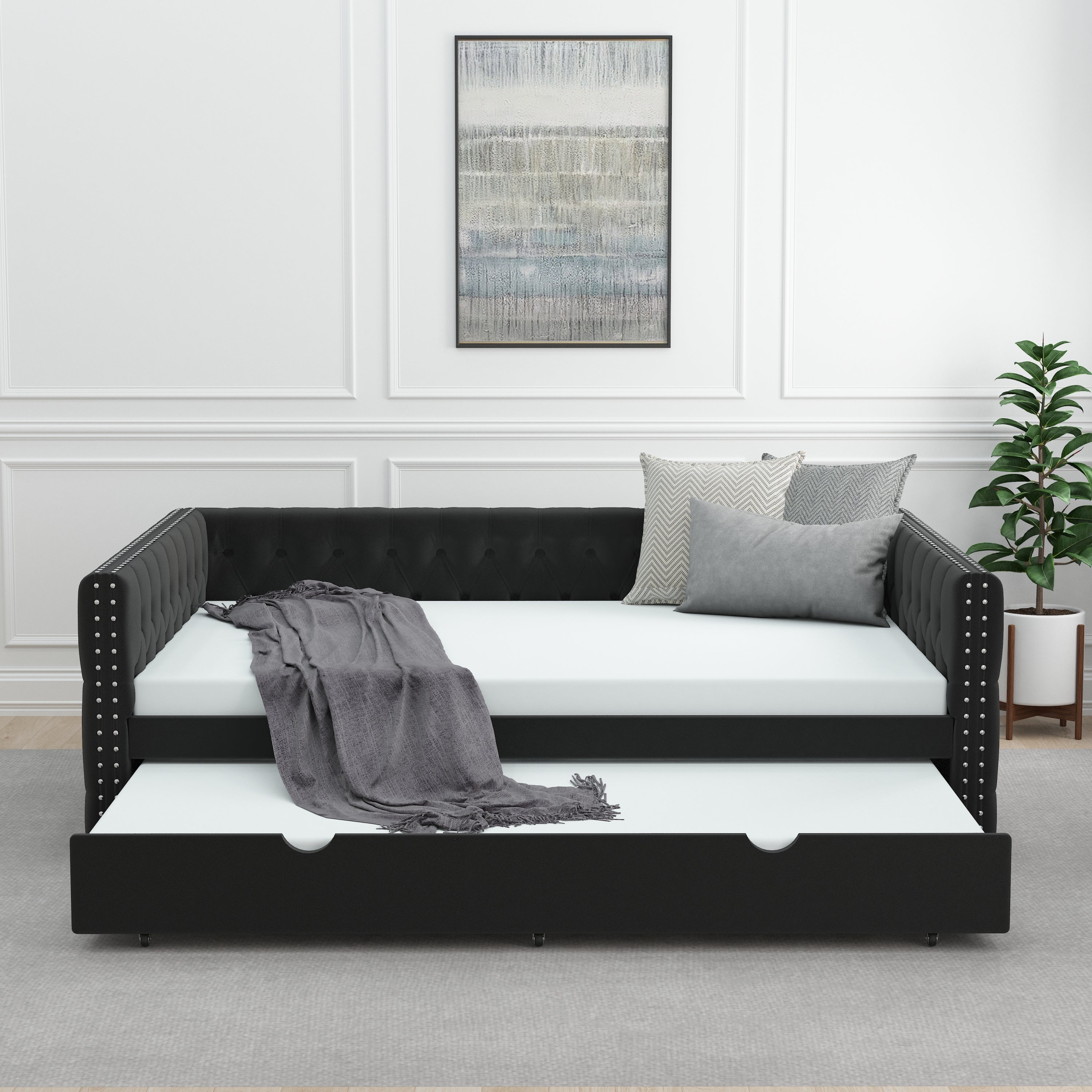 Daybed with Trundle Velvet Upholstered Tufted Sofa Bed, with Button and Copper Nail onSquare Arms,Full Daybed & Twin Trundle-  For Bedroom, Living Room, Guest Room,(83"x57"x26") - Atlantic Fine Furniture Melbourne FL