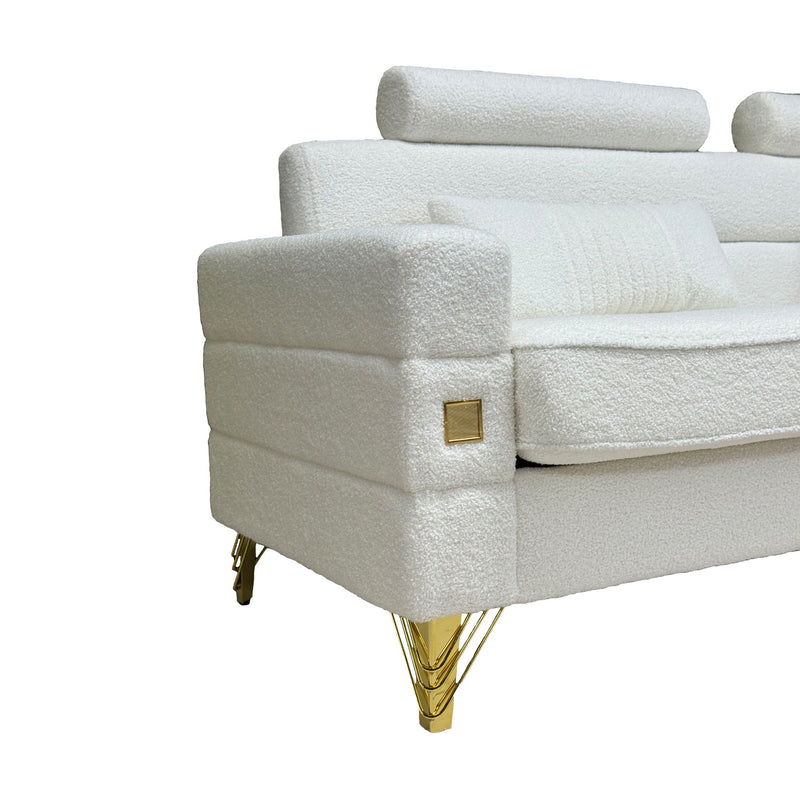 Fx-P15-Wb (Sofa) Elegant Imitation Wool Circle Fabric Sofa With Adjustable Headrests, Contemporary 3-Seat Couch With Gold Legs, Perfect For Living Room And Office Decor (Temu Suitable) - White