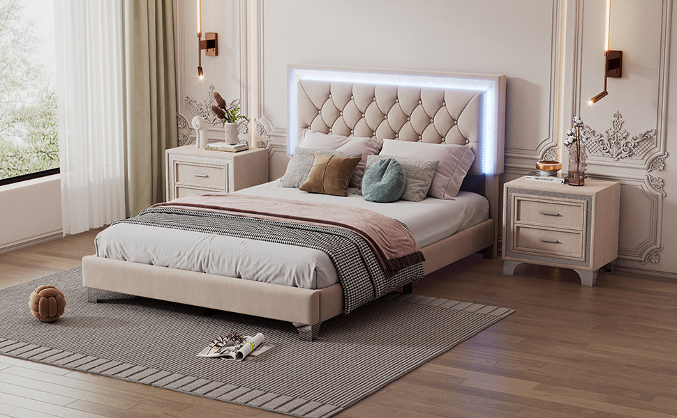 Full Size Upholstered Bed Frame with LED Lights,Modern Velvet Platform Bed with Tufted Headboard,Beige - Atlantic Fine Furniture Melbourne FL