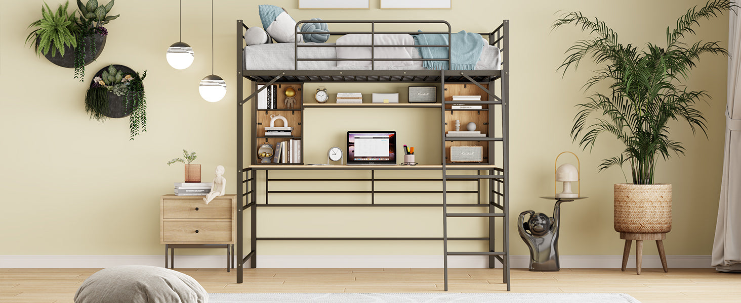 Full Size Loft Bed with Desk and Shelf , Loft Bed with Ladder,Full,Black - Atlantic Fine Furniture Melbourne FL