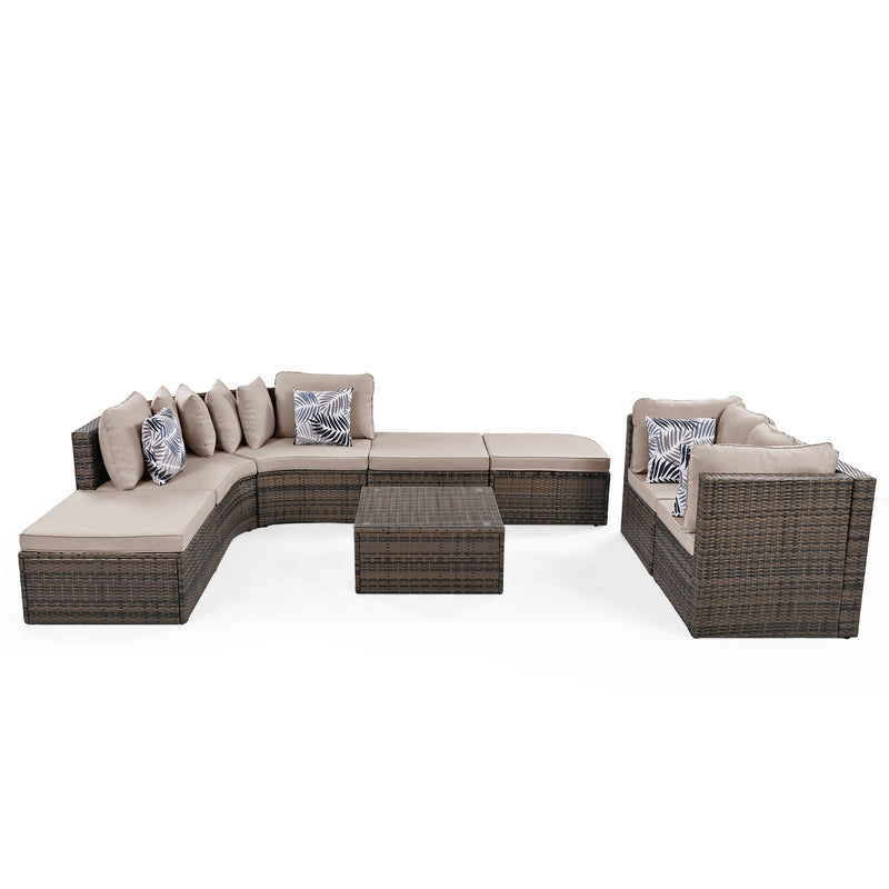 8 Piece Outdoor Wicker Sofa Set, Rattan Sofa Lounger, With Colorful Pillows, Conversation Sofa, For Patio, Garden, Deck - Brown / Beige