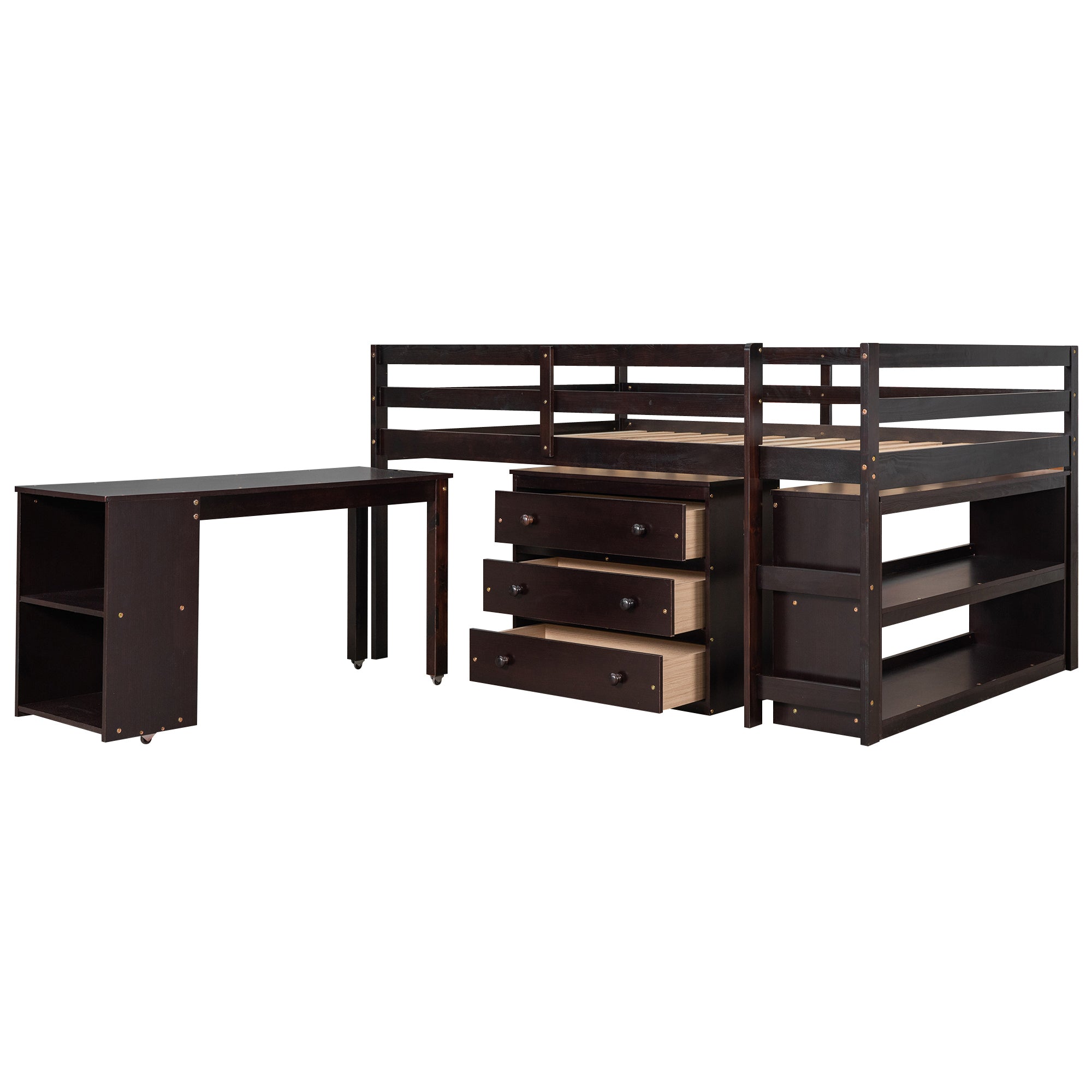 Low Study Full Loft Bed with Cabinet ,Shelves and Rolling Portable Desk ,Multiple Functions Bed- Espresso - Atlantic Fine Furniture Melbourne FL