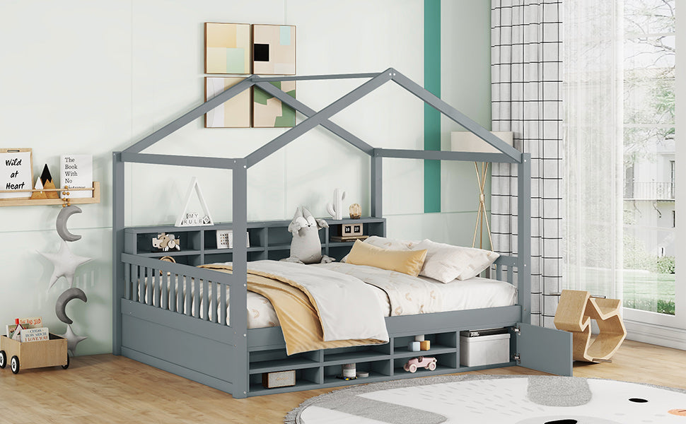 Full Size Wooden House Bed with Shelves and a Mini-cabinet, Gray - Atlantic Fine Furniture Melbourne FL