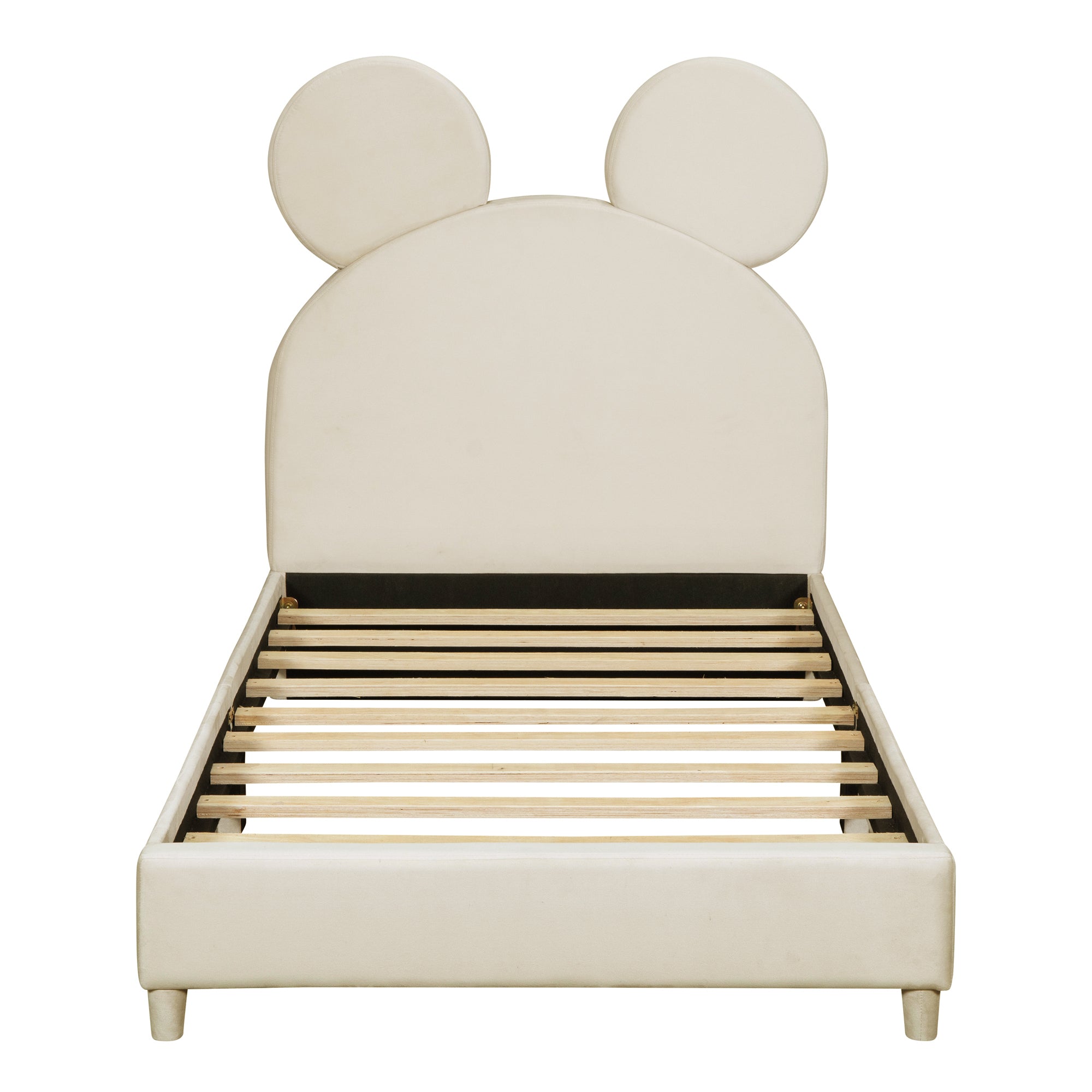 Twin Size Upholstered Platform Bed with Bear Ear Shaped Headboard, Beige - Atlantic Fine Furniture Melbourne FL
