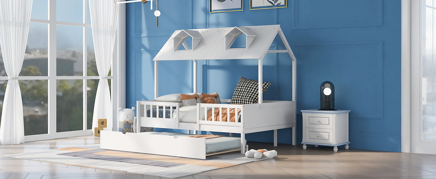 Full Size House Bed Wood Bed with  Twin Size Trundle ( White ) - Atlantic Fine Furniture Melbourne FL