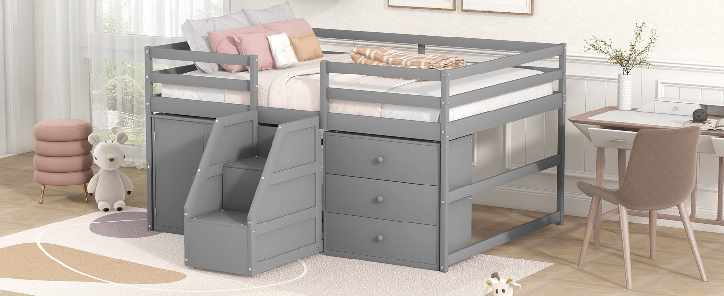 Full Size Functional Loft Bed with Cabinets and Drawers, Hanging Clothes at the back of the Staircase, Gray - Atlantic Fine Furniture Melbourne FL