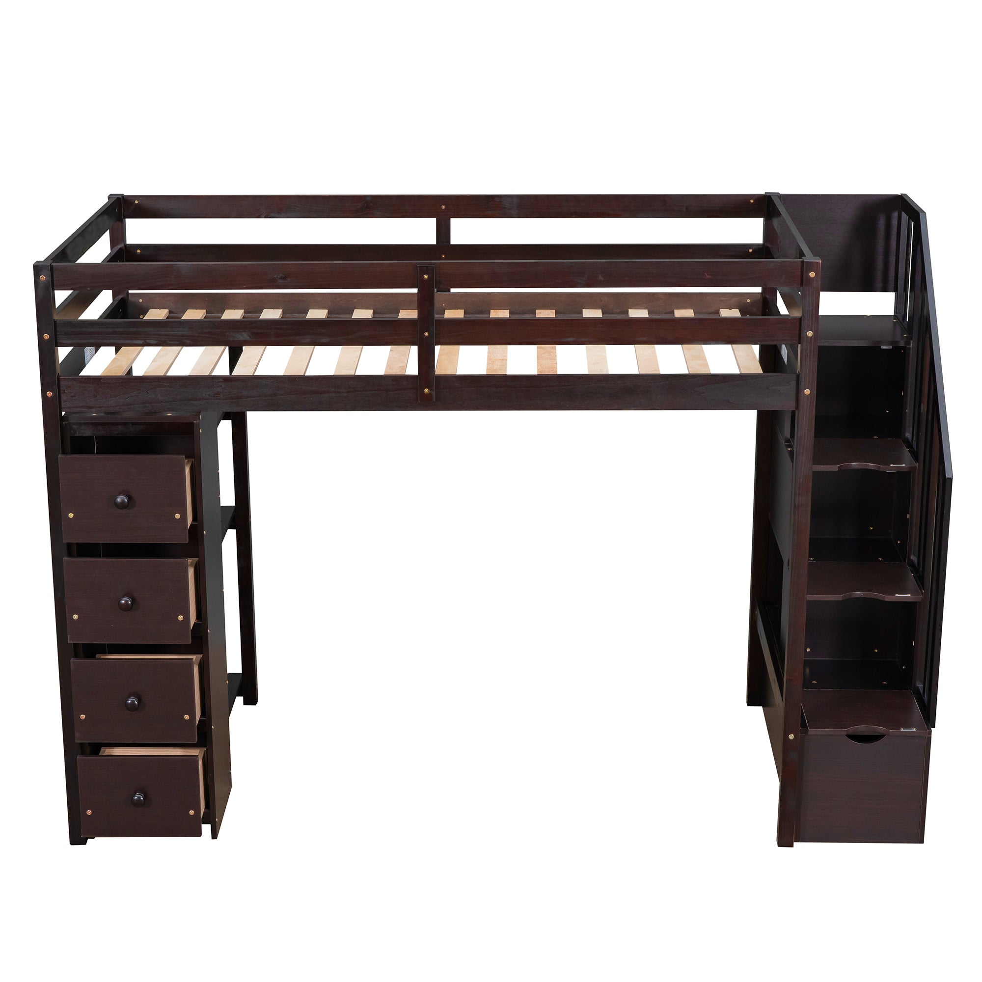 Twin size Loft Bed with Storage Drawers and Stairs, Wooden Loft Bed with Shelves - Espresso - Atlantic Fine Furniture Melbourne FL