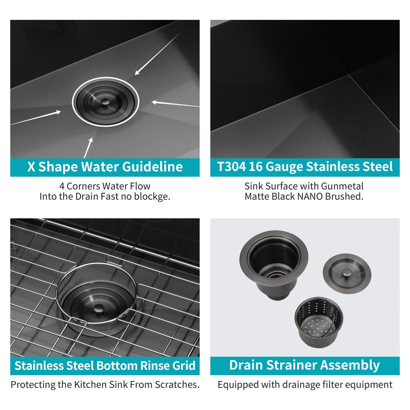 Modern Undermount Stainless Steel Kitchen Sink 16 Gauge, Deep Single Bowl
