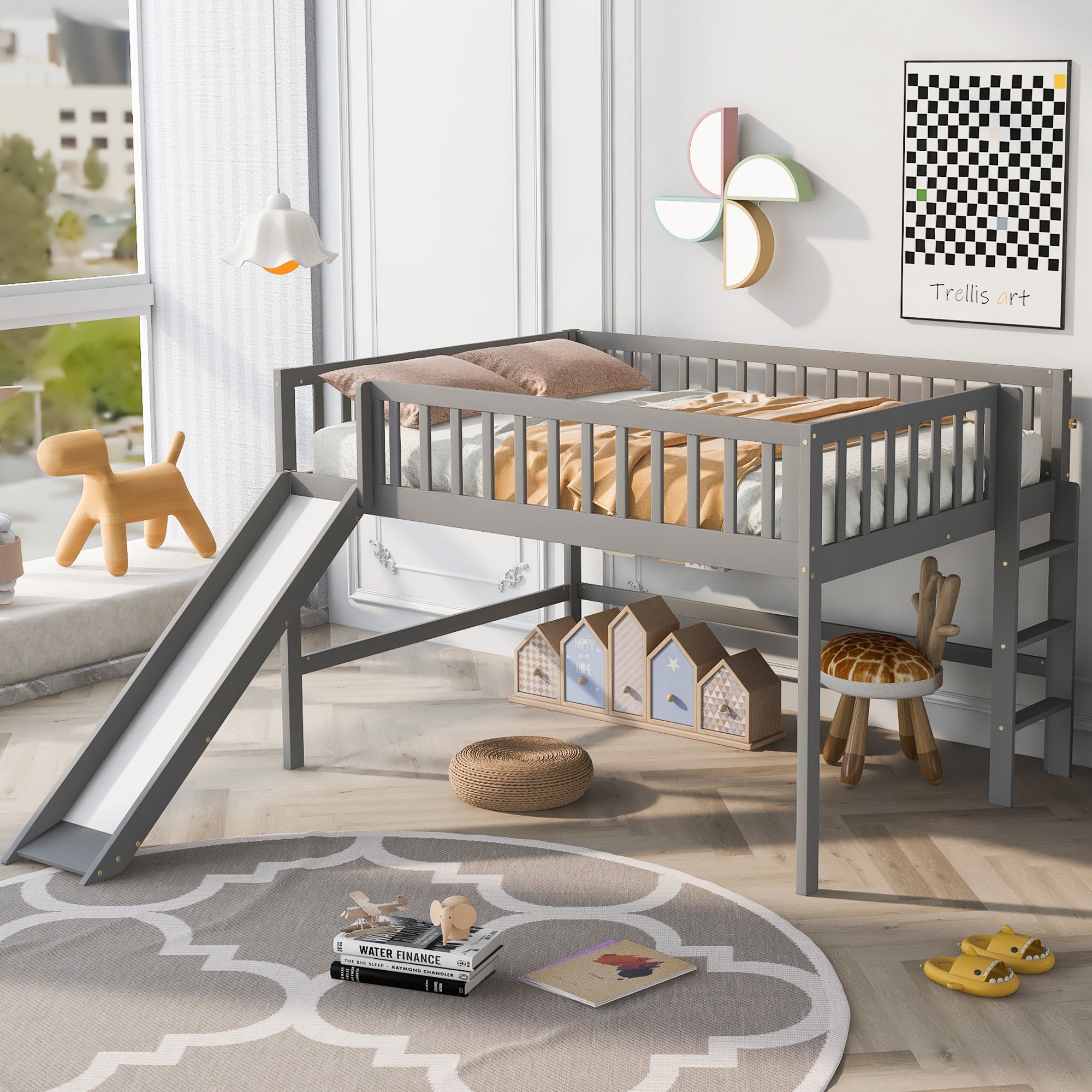 Full Size Low Loft Bed with Ladder and Slide,Gray - Atlantic Fine Furniture Melbourne FL