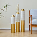Modern Droplet Shaped Floor Vase Set Honeycomb Design, 3 Piece Metal Decorative Vases For Home Interior Display - Gold / White