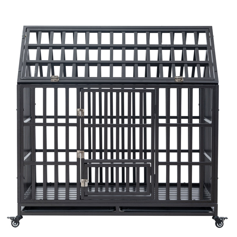 Heavy Duty Dog Cage Pet Crate With Roof & Window On Roof - Black