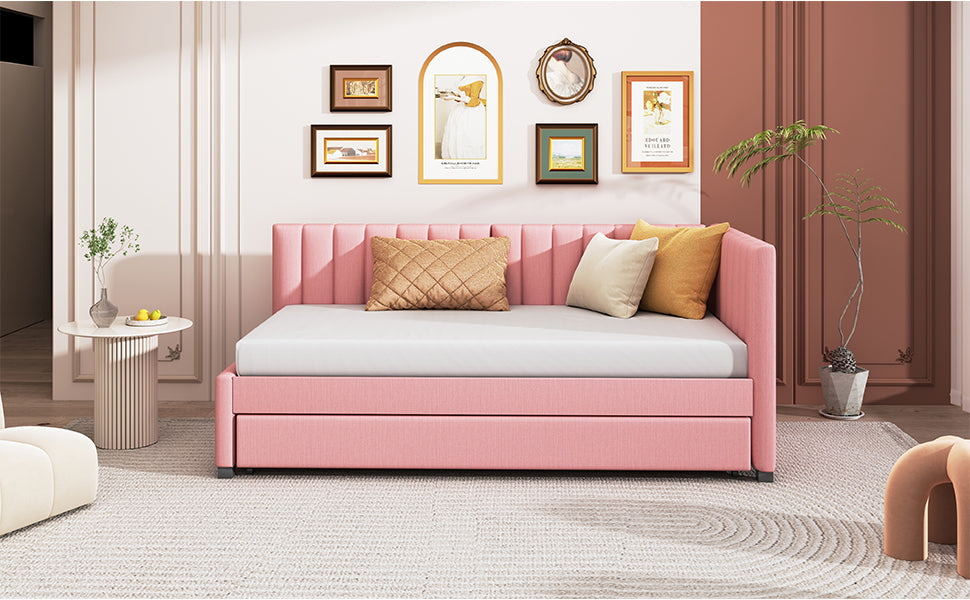 Upholstered Daybed with Trundle Twin Size Sofa Bed Frame No Box Spring Needed, Linen Fabric(Pink) - Atlantic Fine Furniture Melbourne FL