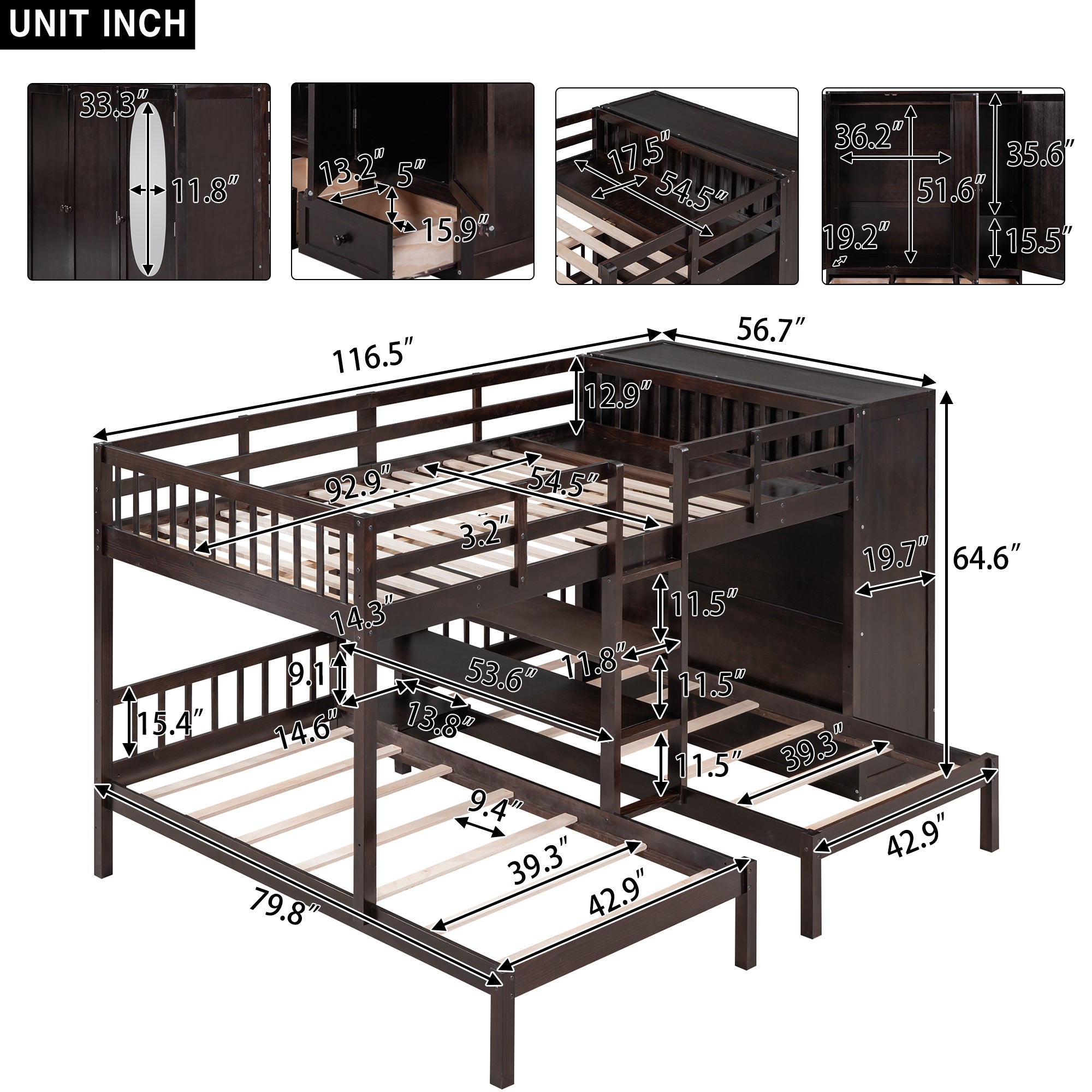 Full-Over-Twin-Twin Bunk Bed with Shelves, Wardrobe and Mirror, Espresso - Atlantic Fine Furniture Melbourne FL