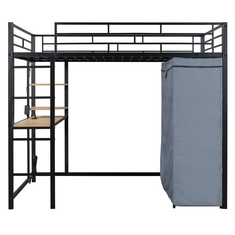 Loft Bed With Desk, Shelves, Power Outlet, LED Light And Wardrobe