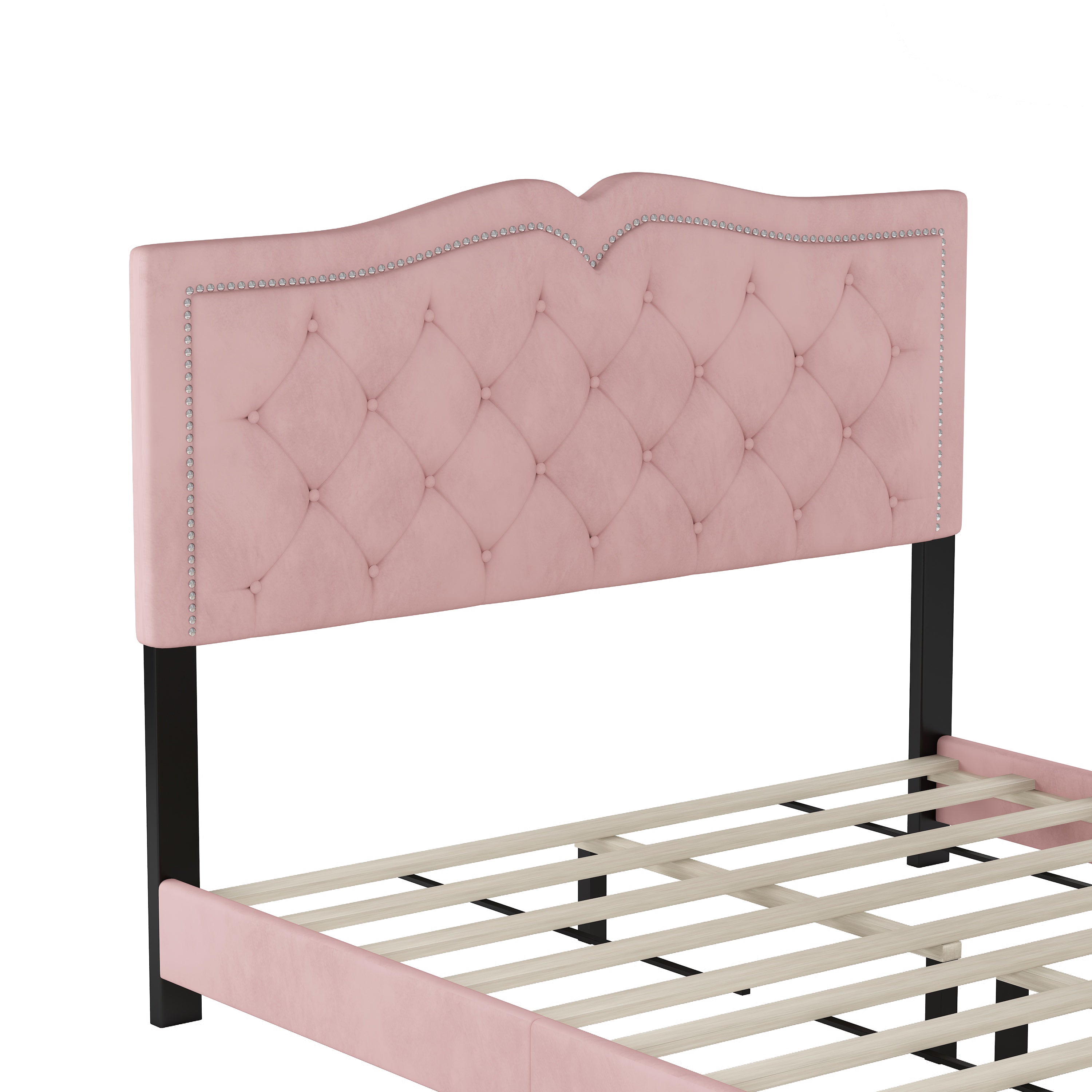 Queen Size Upholstered Bed Frame with Rivet Design, Modern Velvet Platform Bed with Tufted Headboard,Pink - Atlantic Fine Furniture Melbourne FL