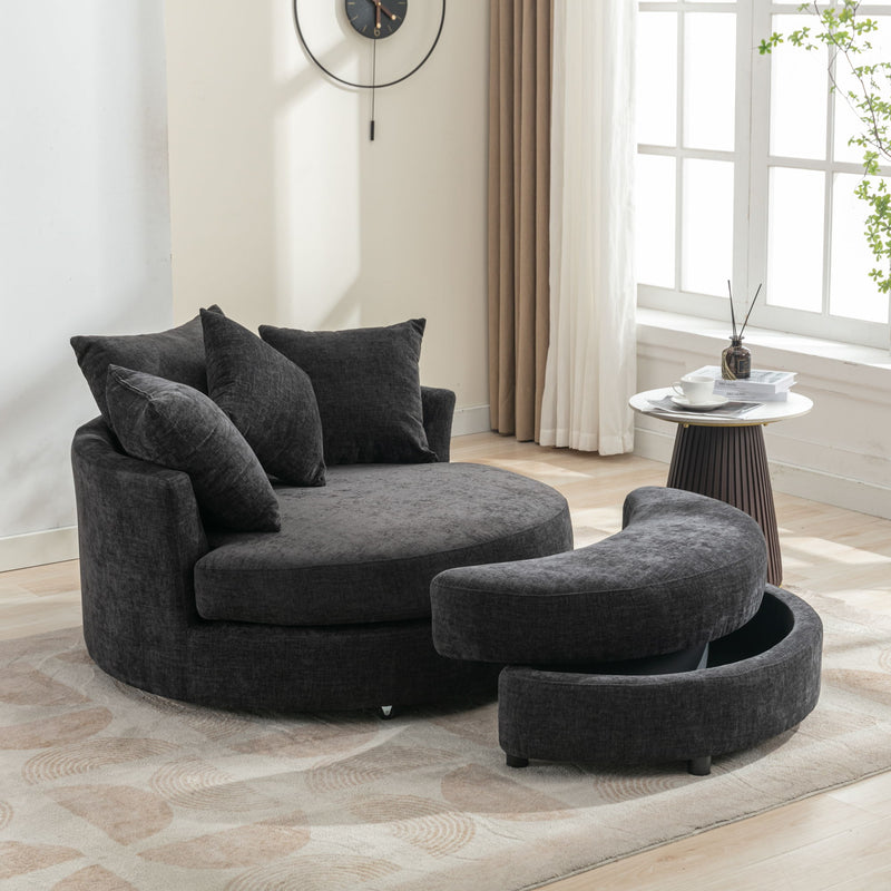 360° Swivel Accent Barrel Chair With Storage Ottoman & 4 Pillows, Modern Chenille Leisure Chair Round Accent For Living Room