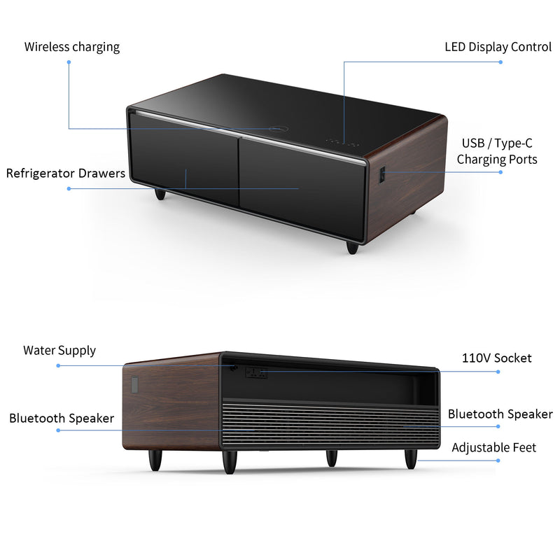 Modern Smart Coffee Table With Built-In Fridge, Bluetooth Speaker, Wireless Charging Module, Touch Control Panel, Power Socket, USB Interface, Outlet Protection, Atmosphere Light