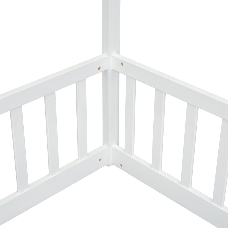 Double Twin House-Style Floor Bed with Fence, Guardrails, without door, White