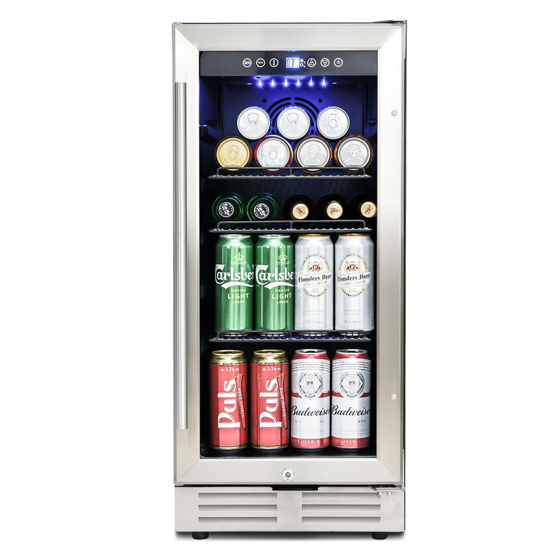 Built-In And Freestanding Mini Beverage Refrigerator / Wine Cabinet, 120 Cans, 37-65°F, Quiet, Adjustable Shelves, LED Lighting, Etl, Touch Controls, Defrost, Double Glass Door - Black / Silver