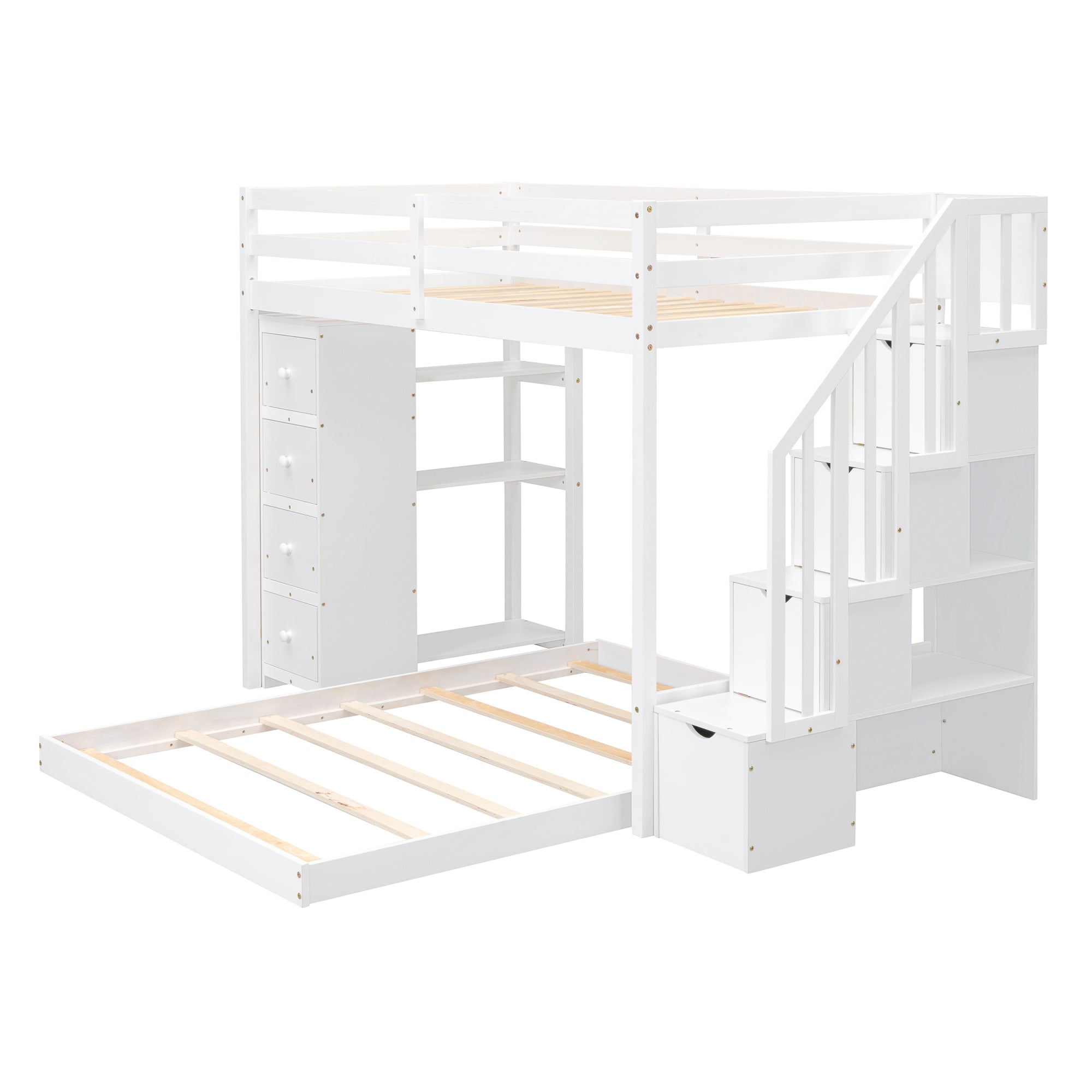 Twin Over Full Bunk Bed with 3-layer Shelves, Drawers and Storage Stairs, White - Atlantic Fine Furniture Melbourne FL