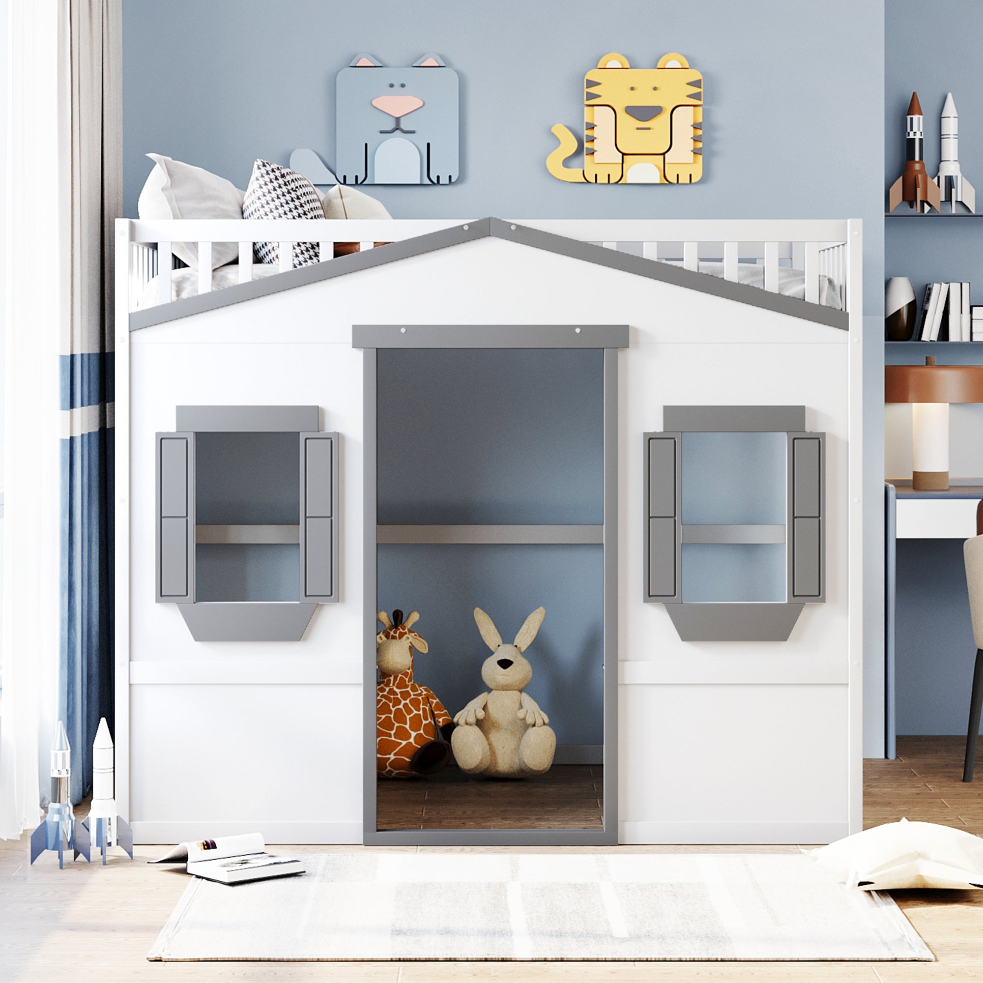Full Size House Loft Bed With Ladder-White+Gray Frame - Atlantic Fine Furniture Melbourne FL