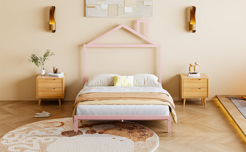 Full Size Metal Platform Bed with House-Shaped Headboard Design, Pink