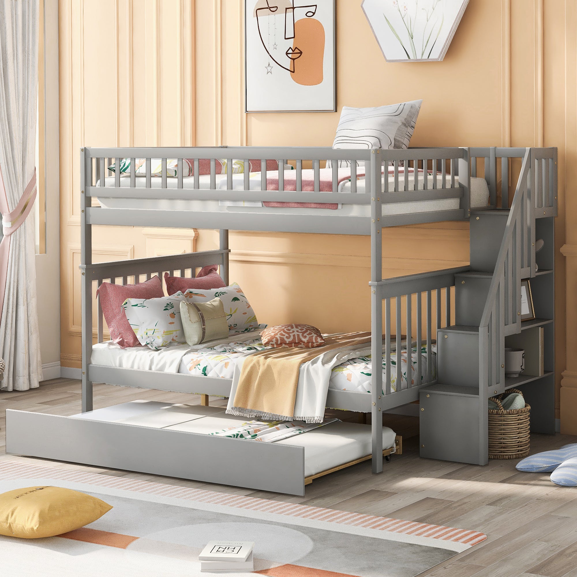 Full over Full Bunk Bed with Trundle and Staircase,Gray - Atlantic Fine Furniture Melbourne FL