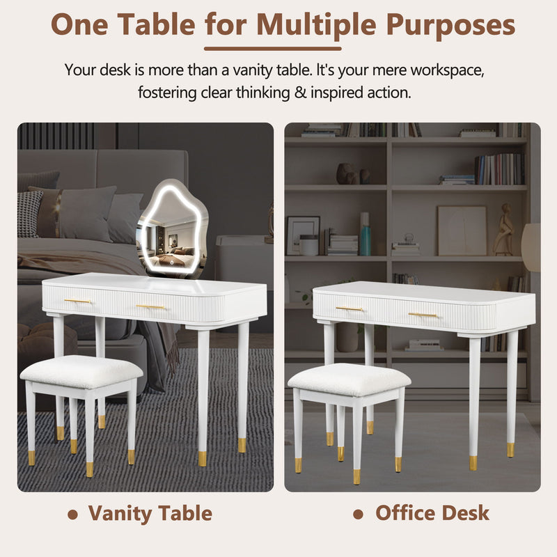Modern Vanity Table Set With Mirror Touch Screen Lighted Mirror, Dressing Table And Cushioned Stool Set With 2 Large Drawers - White