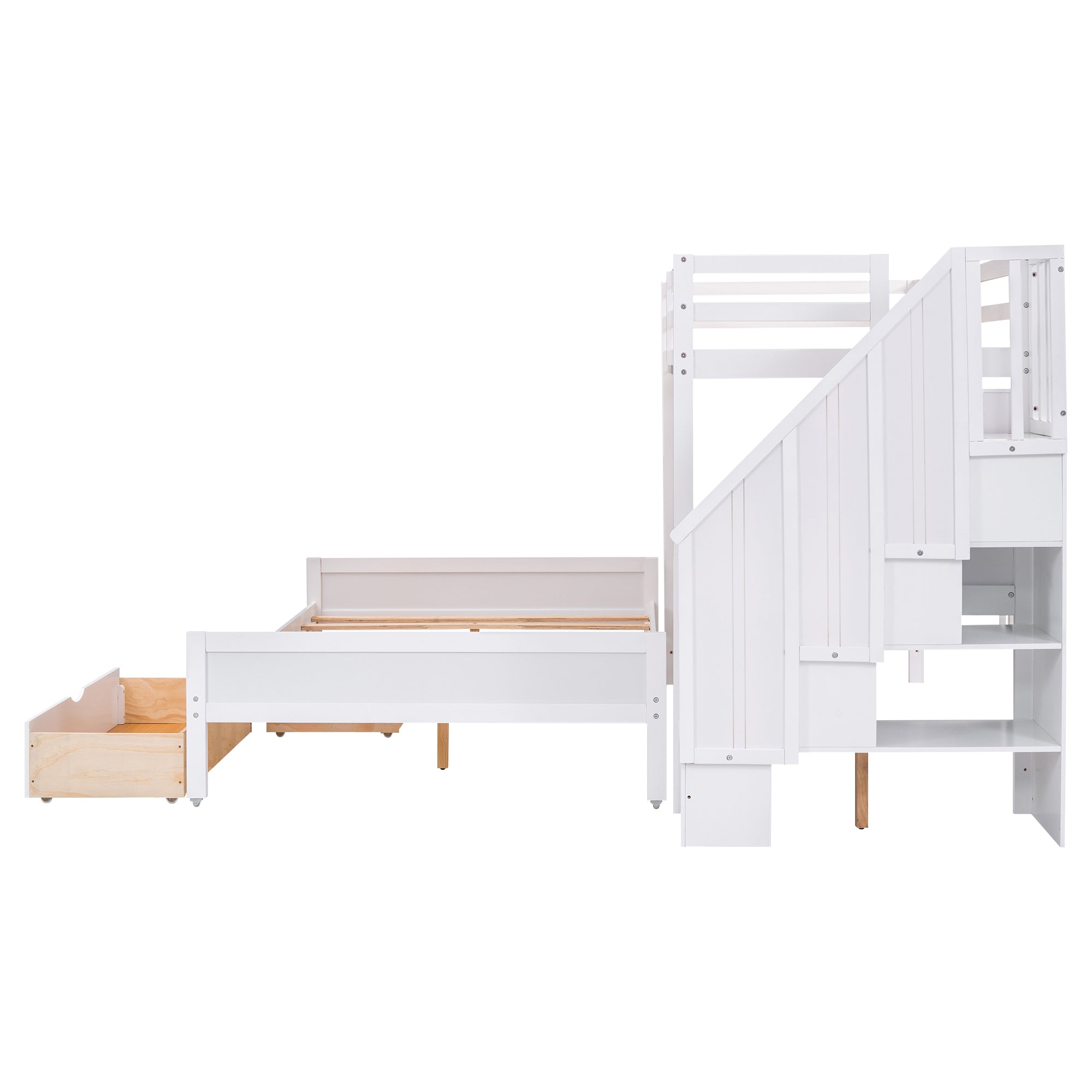 Twin XL over Full Bunk Bed with Built-in Storage Shelves, Drawers and Staircase,White - Atlantic Fine Furniture Melbourne FL