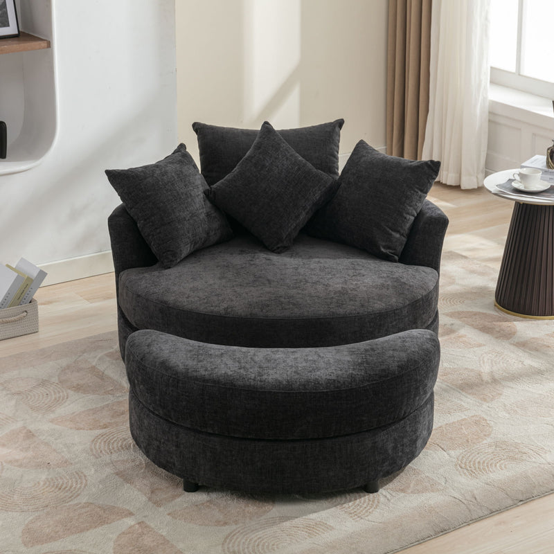 360° Swivel Accent Barrel Chair With Storage Ottoman & 4 Pillows, Modern Chenille Leisure Chair Round Accent For Living Room