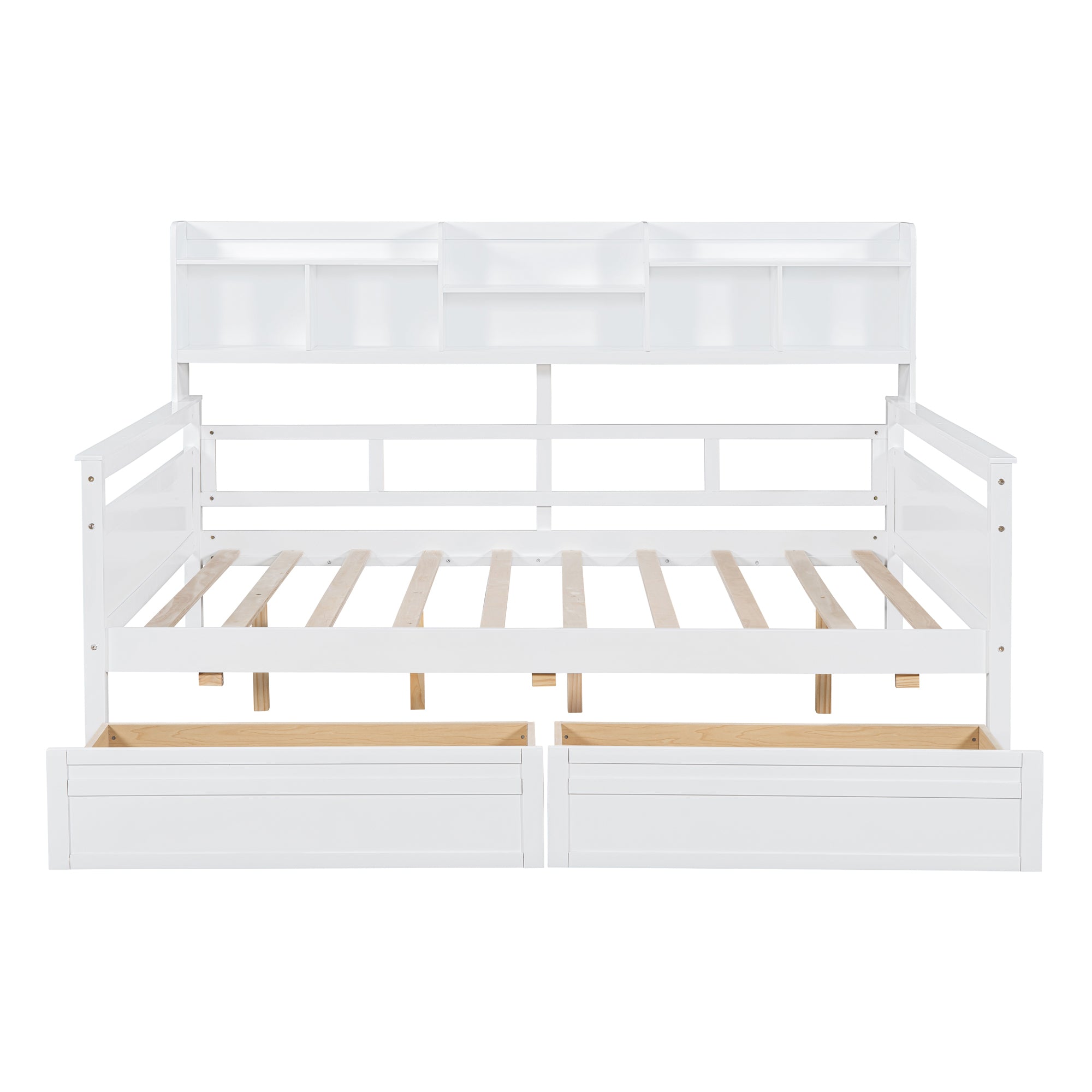 Full size Daybed, Wood Slat Support, with Bedside Shelf and Two Drawers, White - Atlantic Fine Furniture Melbourne FL