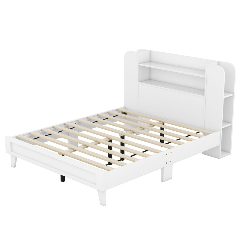 Full Size Platform Bed with Storage Headboard,Multiple Storage Shelves on Both Sides,White