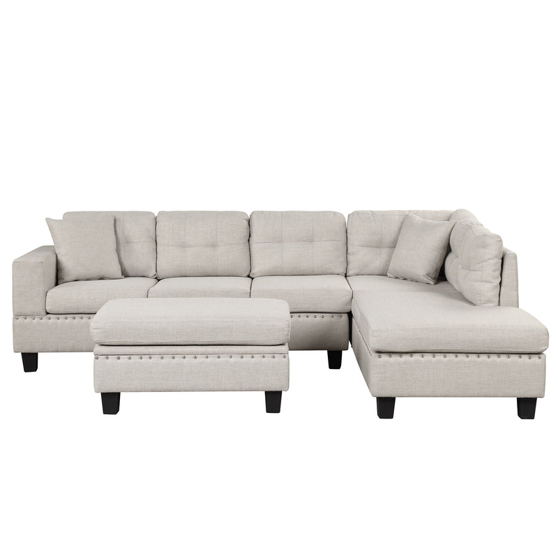 Modern Sectional Sofa With Storage Ottoman, L-Shape Couch With 2 Pillows And Cup Holder, Sectional Sofa With Reversible Chaise For Living Room