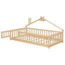 Twin House-Shaped Bedside Floor Bed with Guardrails, Slats, with Door,Natural