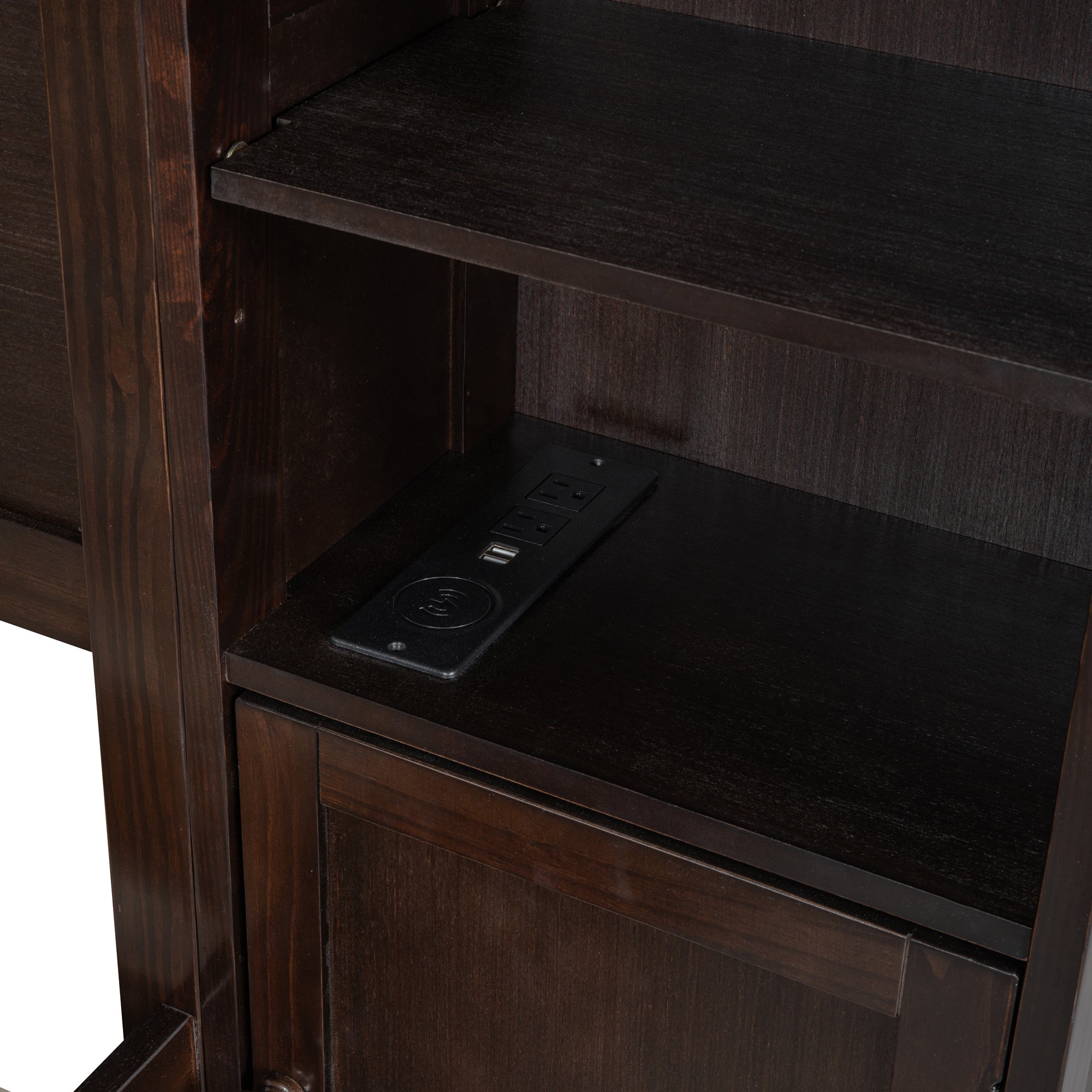 Queen Size Wooden Bed With All-in-One Cabinet, Shelf and Sockets, Espresso - Atlantic Fine Furniture Melbourne FL