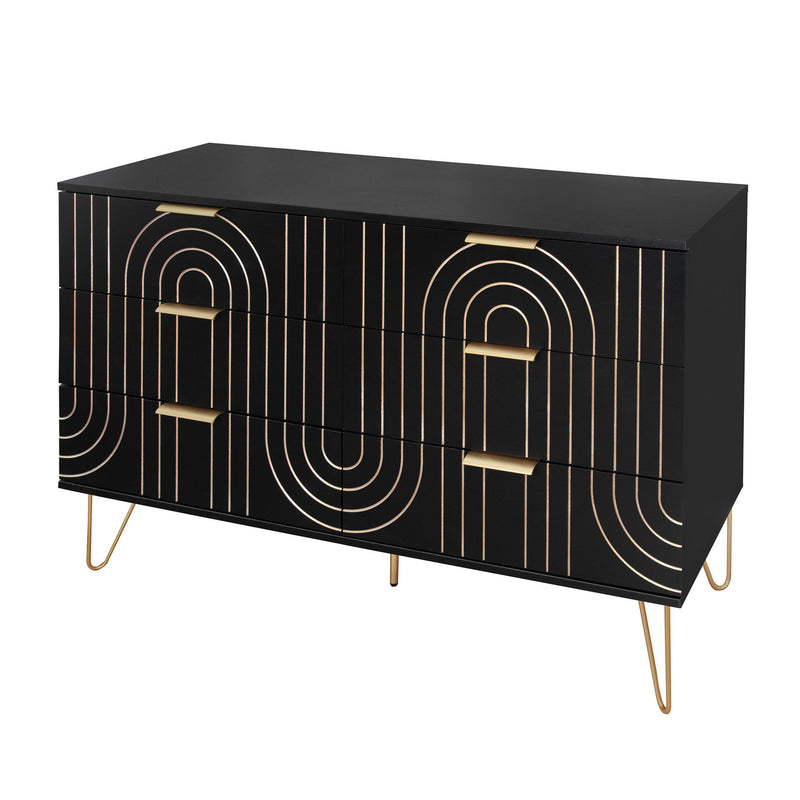 Modern 6 Drawer Dresser, Modern Dresser With Metal Handles, Storage Chest Of Drawer, Wide Dresser Drawer Organizers With Carving Design For Bedroom, Living Room, Hallway - Black