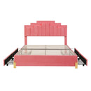 Queen Size Upholstered Platform Bed With LED Lights And 4 Drawers, Stylish Irregular Metal Bed Legs Design - Pink