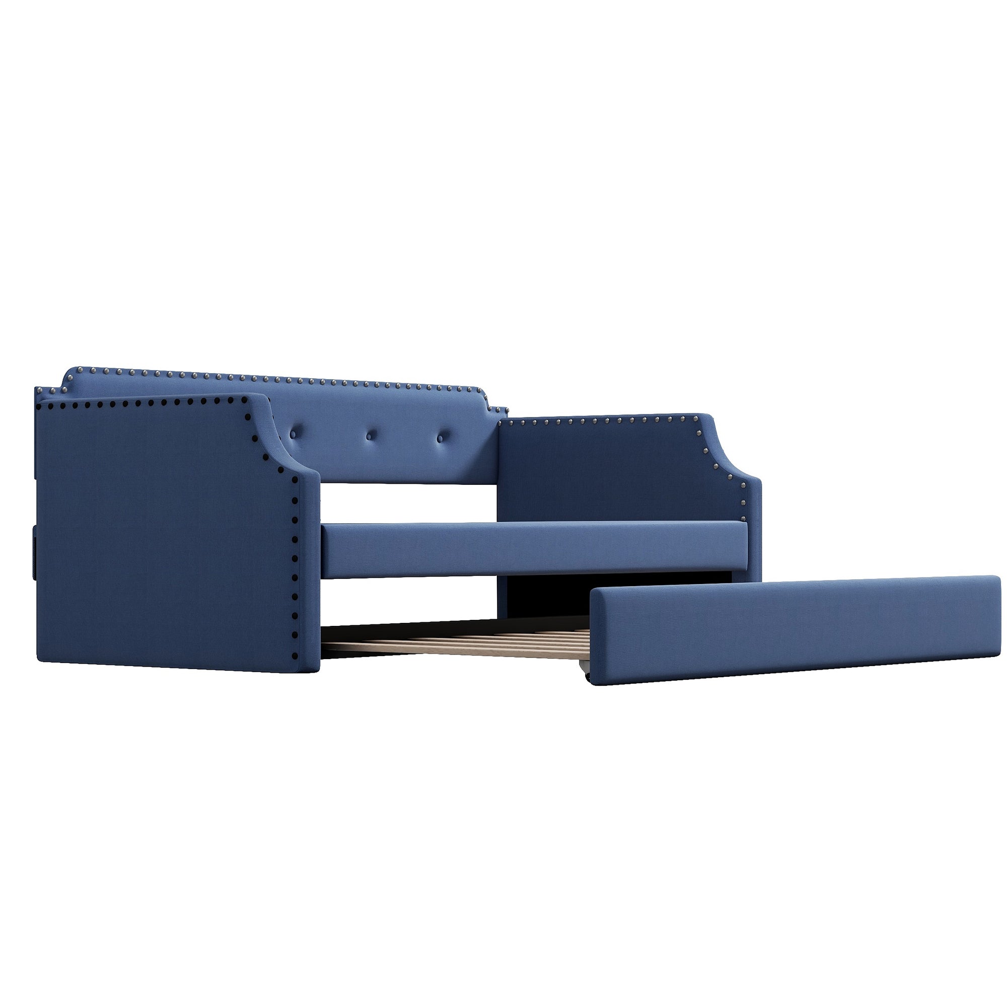 Upholstered Daybed with Trundle, Wood Slat Support,Upholstered Frame Sofa Bed , Twin,Blue - Atlantic Fine Furniture Melbourne FL