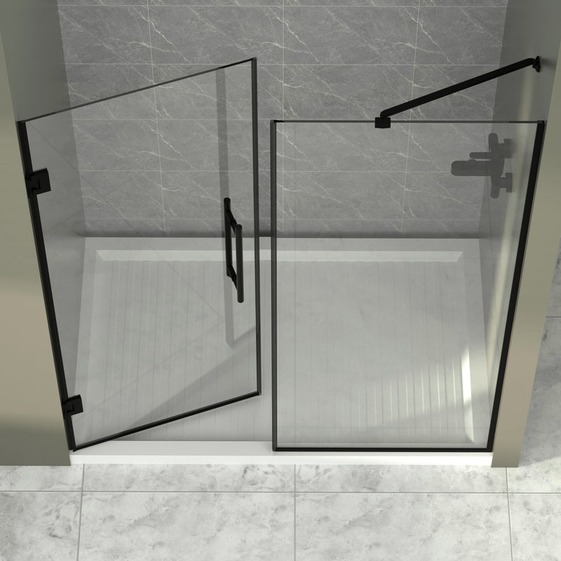 Semi-Frameless Double Hinges Shower Door In Matte , Tempered Glass, Reversible Installation - Black