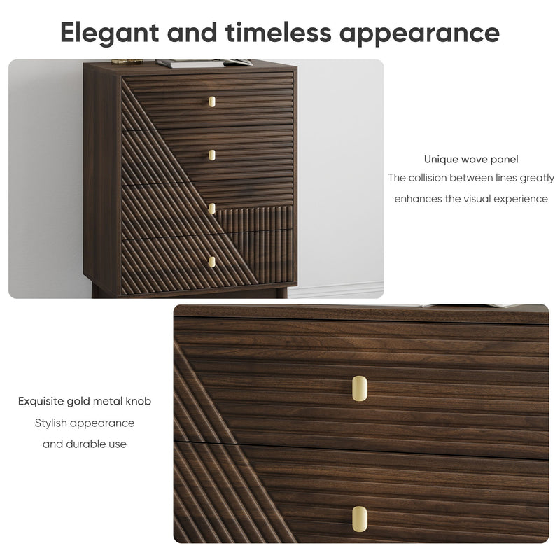 Modern 4 Drawer Dresser Chest For Living Room, Bedroom, Corridor Wooden Storage Cabinet - Walnut