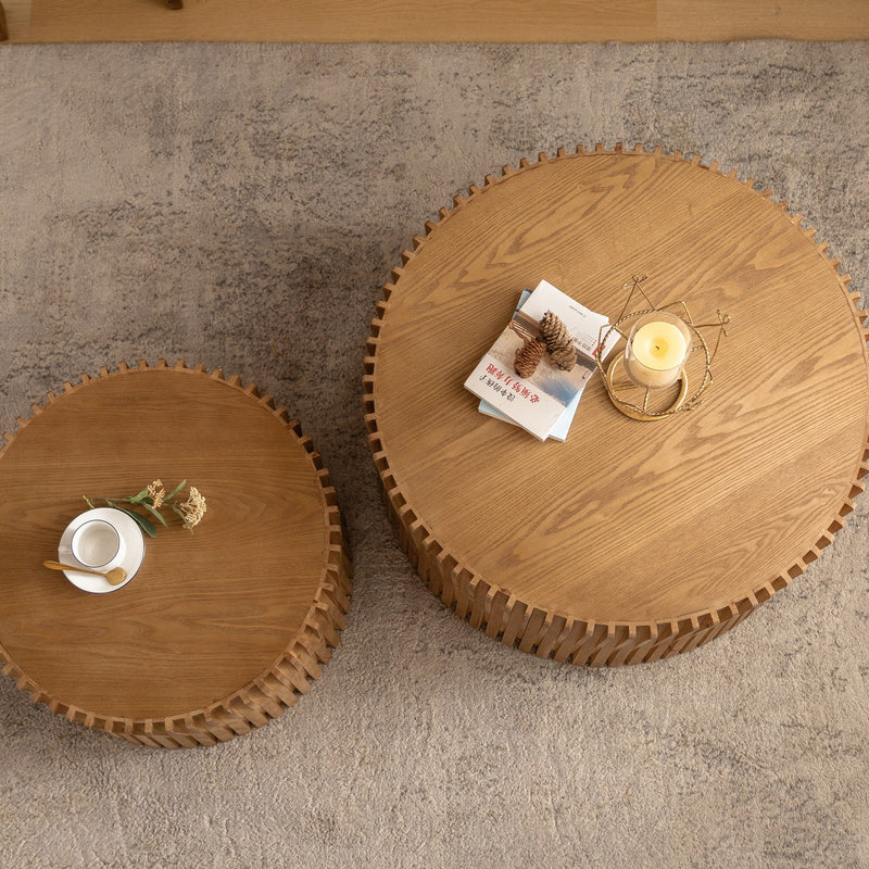 Vintage Fashion Style Cylindrical Nesting Coffee Table Set With Vertical Textured Embossed Design - Natural