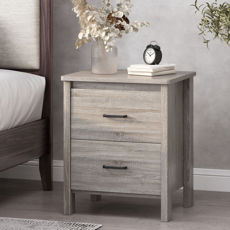 Wood Nightstand With 2 Drawers And Metal Handle - Oak